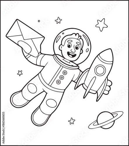 Postman working for delivery letter black line art illustration vector elements for kids coloring page concept