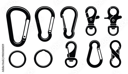Set of different metal carabiners. Assortment of black carabiner clips and accessories for outdoor gear.