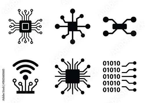 Set of digital technology circuit board icons illustration for innovation, computer and engineering design elements.