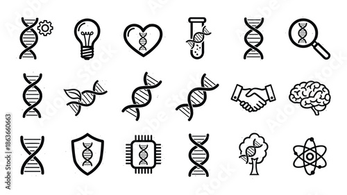Set of DNA icons. Scientific research and development, genome concept, molecular biology, genetic technology symbol.
