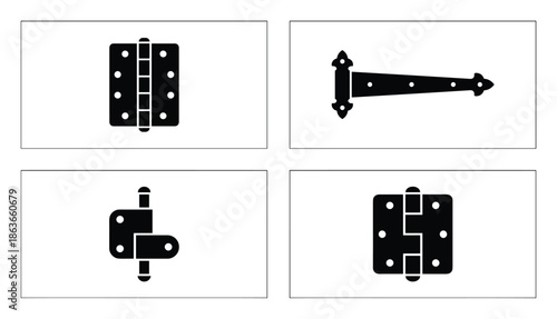 Set of door hinges silhouettes. Collection various styles of gate hinges. Hardware black icons.
