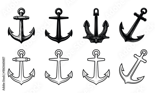 Set of eight anchors in black and outline styles, sea and ocean travel, marine vessels, nautical symbol elements.