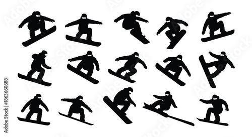 Silhouettes of snowboarders performing various tricks and jumps in a dynamic pattern