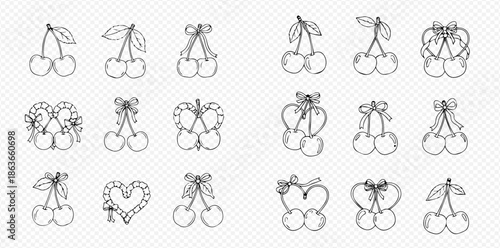 Set of hand-drawn cherry illustrations with bows and heart shapes, perfect for design elements.