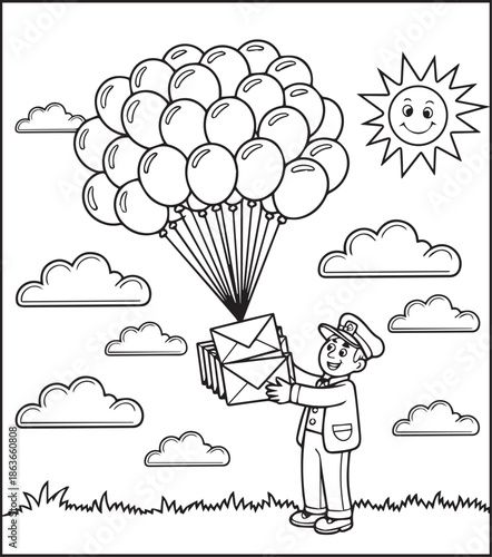 Postman working for delivery letter black line art illustration vector elements for kids coloring page concept