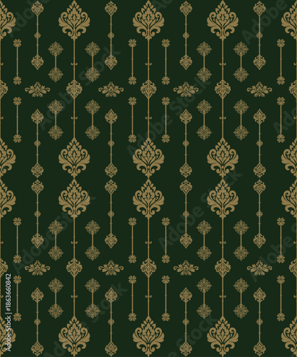 Classic damask pattern with gold ornamental details on a deep green background. Luxurious and elegant design ideal for wallpaper, textiles, packaging, and premium decorative projects.