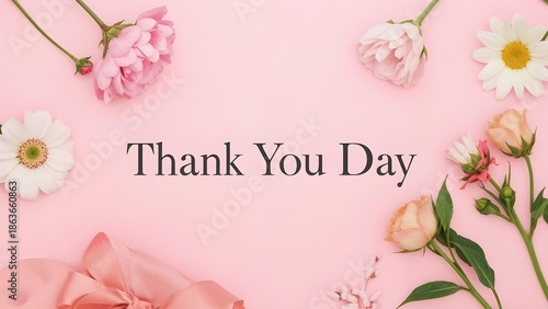 Thank You Day Greeting Card with Flowers on Soft Pink Background. 