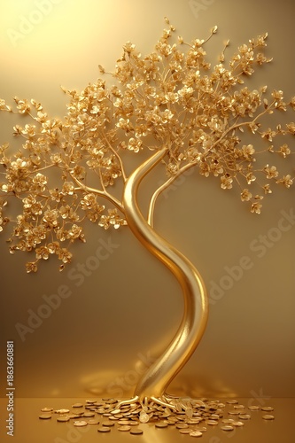 Golden Tree of Life with Blossoms – Luxury Prosperity Concept. 