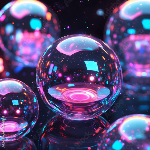 Transparent neon Bubbles Floating on Dark Background with glass Bokeh Effect