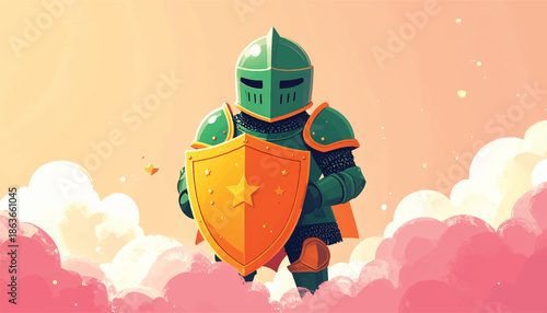Cartoon Knight in Shining Armor with Shield Illustration.