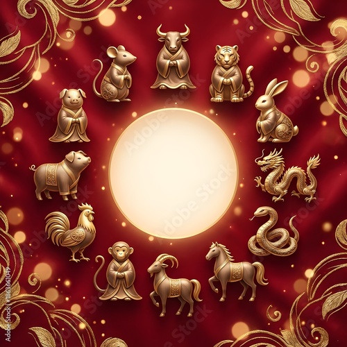 Golden Chinese Zodiac Circle on Red Background – Lunar New Year Prosperity Concept. 
