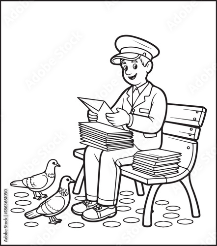 Postman working for delivery letter black line art illustration vector elements for kids coloring page concept