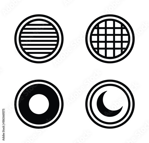 Set of four circular icons, horizontal lines, grid pattern, donut shape, and crescent moon. Isolated symbols.