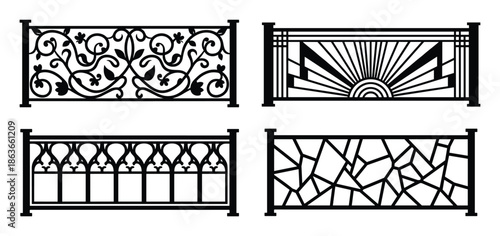 Set of four unique railing designs: floral, art deco, gothic and abstract. Black and white designs.