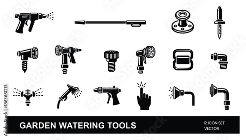 Set of garden watering tools black vector icons with sprayers, nozzles, connectors and adapters for hose system.