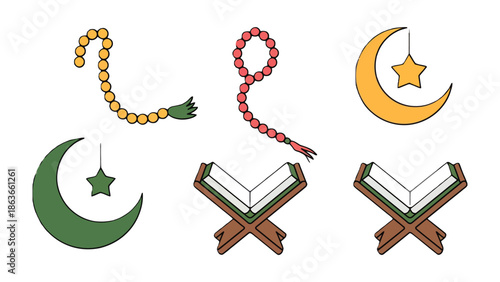 Islamic Symbols for Reflection: A collection of Islamic religious symbols, each carrying deep significance. These represent spirituality and contemplation.