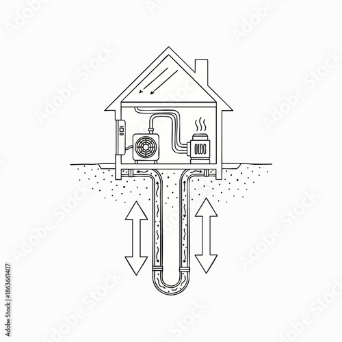 Geothermal heating and cooling system for home, renewable energy solution, sustainable house climate control, eco-friendly technology.
