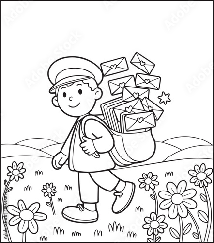 Postman working for delivery letter black line art illustration vector elements for kids coloring page concept