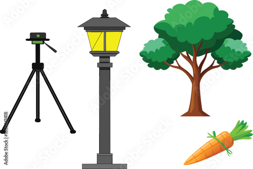 A colorful illustration of a camera on a tripod a street lamp a tree and a carrot