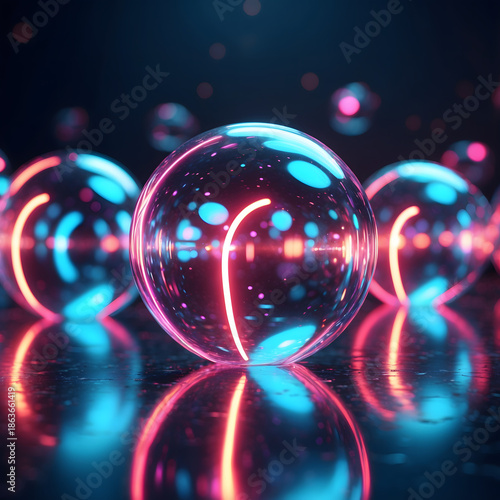 Transparent neon Bubbles Floating on Dark Background with glass Bokeh Effect