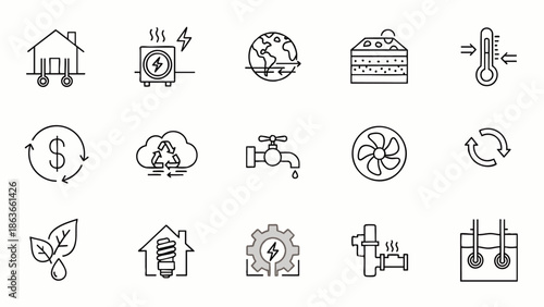 Sustainable Energy and Smart Home Line Icons Set. Eco-friendly solutions for climate control, renewable power, resource management, and environmental protection.