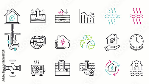Comprehensive set of line icons depicting sustainable energy solutions, HVAC systems, geothermal technology, home insulation, and environmental efficiency.
