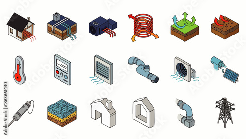 Isometric icons of smart home energy systems, HVAC, renewable power, and sustainable building technology. Modern eco-friendly house climate control and infrastructure.