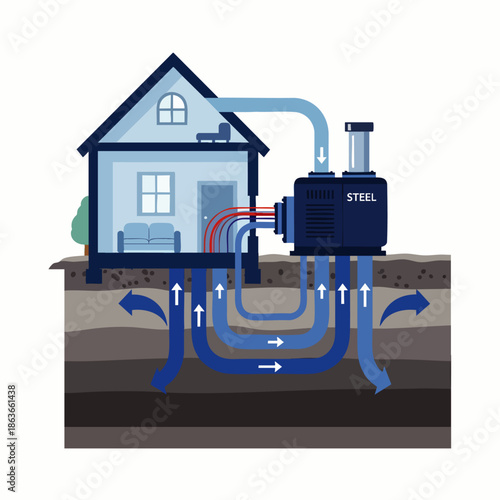 Geothermal heating and cooling system illustration for sustainable home energy efficiency, showcasing renewable ground source heat pump technology diagram.