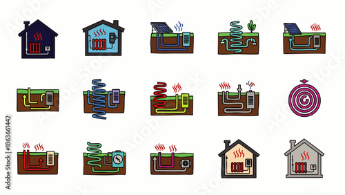 Comprehensive set of icons illustrating various geothermal, solar thermal, and heat pump systems for sustainable home heating and cooling solutions.