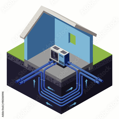 Geothermal heat pump system diagram illustrating renewable energy for home heating and cooling. Sustainable technology for eco-friendly houses.