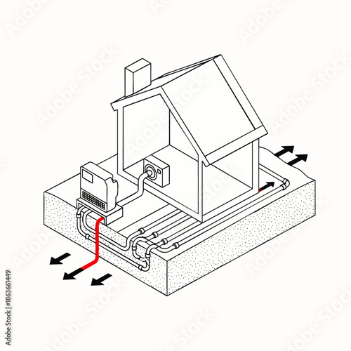 Geothermal Heat Pump System Diagram for Home Energy Efficiency and Sustainable Heating and Cooling Technology. Renewable Energy Solution for Modern Houses.
