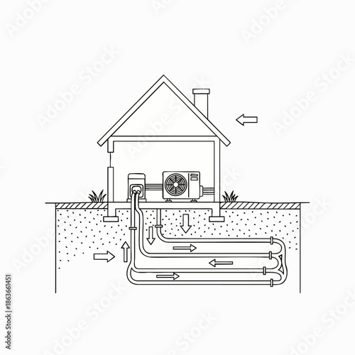Geothermal Heat Pump System Diagram for Home Heating and Cooling. Renewable Energy Technology for Sustainable Living Illustration.