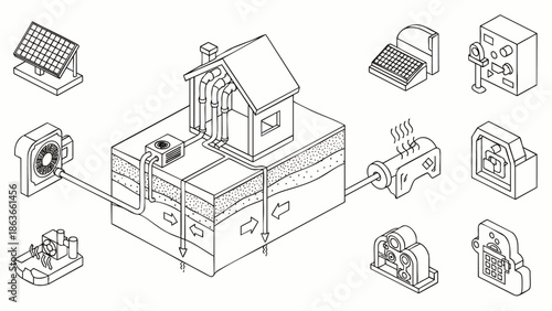 Geothermal and Solar Energy System Diagram: Sustainable Home Heating and Cooling with Renewable Power Technology, Green Building Solutions Isometric Line Art