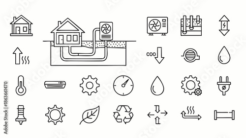 Geothermal Heating and Cooling System Line Icons Set. Renewable Energy, HVAC, Smart Home Climate Control and Sustainable Living Vector Collection.