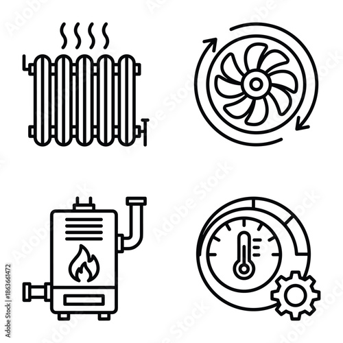 Set of heating icons. Radiator, fan, boiler, and thermostat. Home climate control and comfort technology symbols.