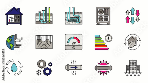 HVAC and Energy Efficiency Icons: A Comprehensive Set for Climate Control, Renewable Solutions, and Sustainable Home Comfort Systems