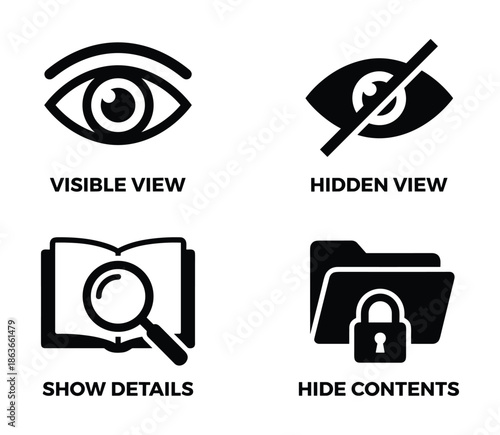 Set of icons showing visible and hidden views, showing details, and hiding contents. Symbolized by eye, book, and folder.