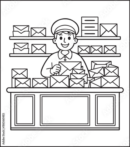 Postman working for delivery letter black line art illustration vector elements for kids coloring page concept
