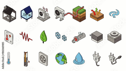 Isometric icons set for sustainable energy, heating, ventilation, air conditioning (HVAC), renewable resources, and environmental protection technology.