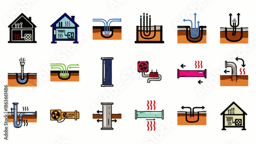 Geothermal Energy System Icons: Comprehensive illustrations of ground source heat pump technology, sustainable building heating, cooling, and eco-friendly infrastructure.