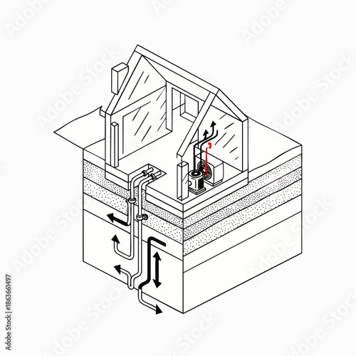 Detailed isometric diagram of a house utilizing a geothermal heating and cooling system, demonstrating sustainable energy solutions for modern homes.