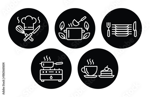 Set of kitchen and restaurant icons with food preparation, cookware, and serving utensils. White outline on black background.