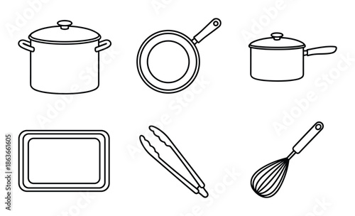 Set of kitchenware icons, including pots, pans, cutting board, tongs, and a whisk. Kitchen clip art illustration.
