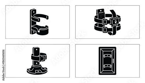 Set of illustrations showcasing different mounting hardware designs used for securing equipment in various applications.