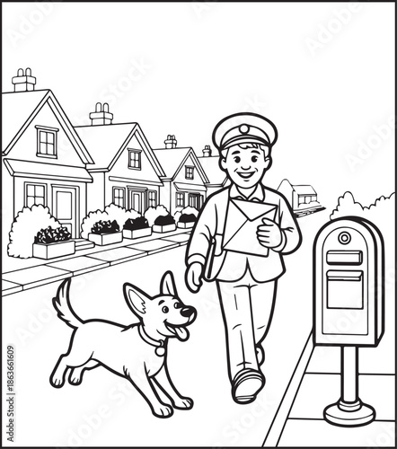 Postman working for delivery letter black line art illustration vector elements for kids coloring page concept