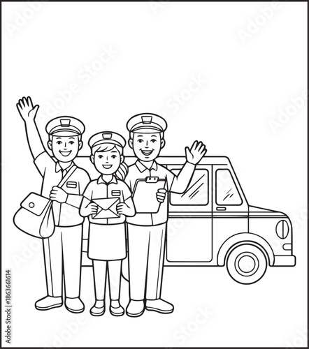 Postman working for delivery letter black line art illustration vector elements for kids coloring page concept