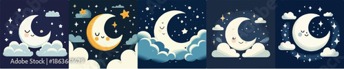 Night Sky Crescent Moon with Clouds and Stars Vector
