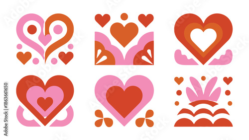 Set of Vector Hearts: A collection of stylized, colorful hearts, perfect for conveying emotions of love and affection. Each heart design is unique, offering a variety of expressions of endearment.