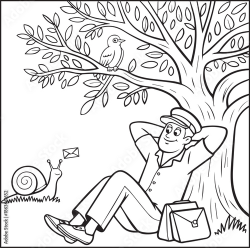 Postman working for delivery letter black line art illustration vector elements for kids coloring page concept