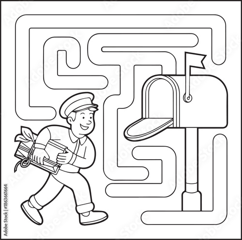 Postman working for delivery letter black line art illustration vector elements for kids coloring page concept